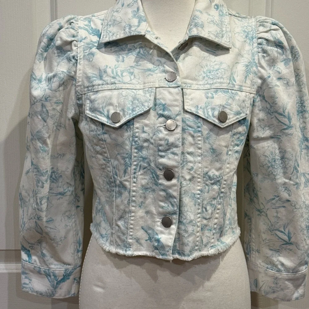 Elie Tahari Cropped Denim Jacket Floral Puff Sleeve Blue White Size S - Picture 2 of 7